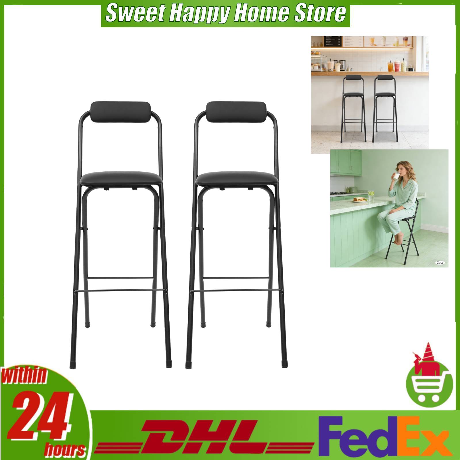 Commercial Kitchen Hardware - 2'li Paket Katlanır Bar Tabureleri, Sırt